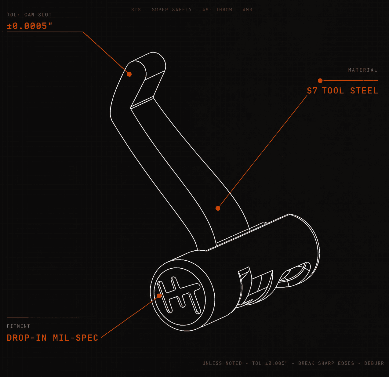 Super Safety w/ Curved Trigger - technical drawing showing ±0.0005 inch tolerance, S7 tool steel, drop-in mil-spec fitment