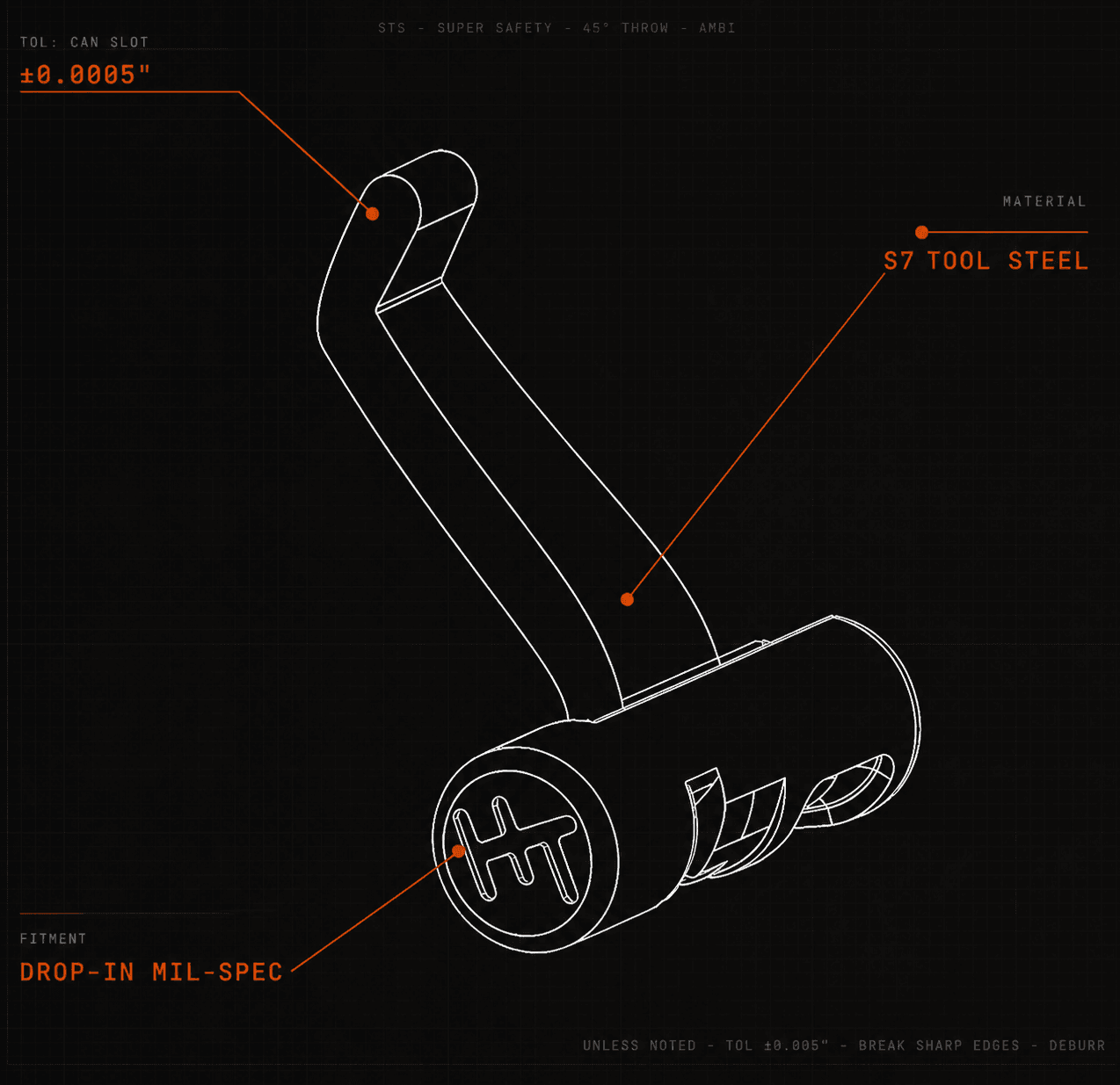 Super Safety w/ Curved Trigger V2 - technical drawing showing ±0.0005 inch tolerance, S7 tool steel, drop-in mil-spec fitment